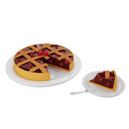 Sliced slice of cherry pie with a lattice crust served on a saucer  3D Illustration