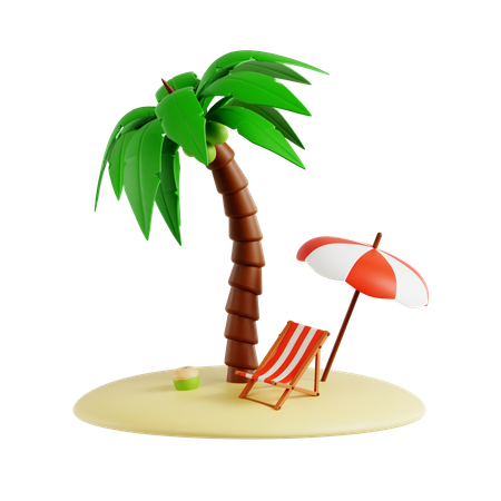 Small Island With Palm Tree And Beach Chair  3D Icon