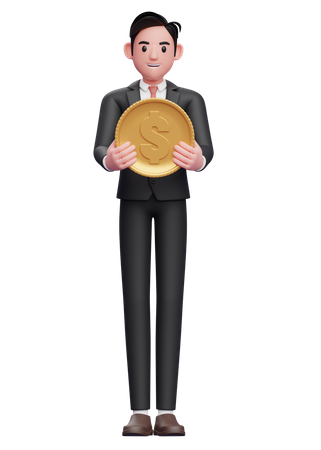 Smart boy in black formal suit Holding Coin  3D Icon