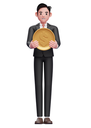 Smart boy in black formal suit Holding Coin  3D Illustration