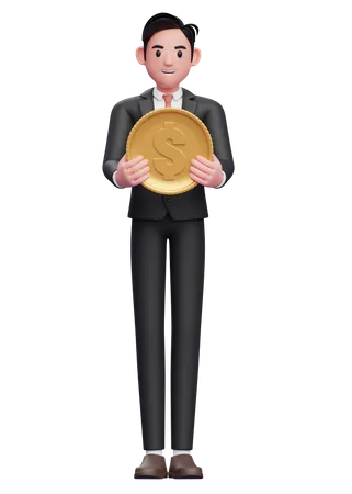 Smart boy in black formal suit Holding Coin  3D Illustration