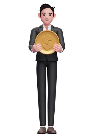 Smart boy in black formal suit Holding Coin 3D Illustration