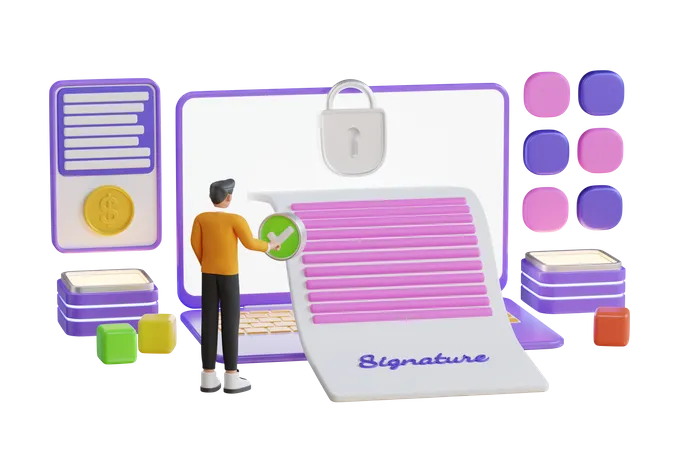 3 D Illustration Of Smart Business Contract Man Putting Esignature Into Legal Document Digital Signature Concept Businessman Signing An Agreement Or Contract Online 3D Illustration