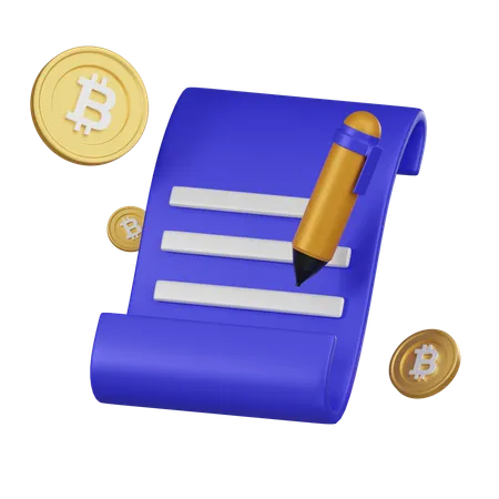 A 3 D Illustration Of A Blue Document With A Pen And Bitcoin Coins Representing The Theme Of Cryptocurrency Regulation And Policy Making 3D Icon