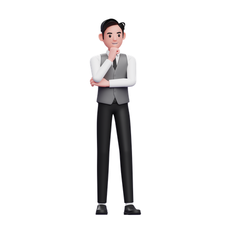 Smart man is thinking wearing a gray office vest 3D Illustration