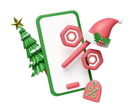 Mobile Phone Smartphone With Discount Sales Santa Claus Hat Christmas Tree Holly Berry Leaves Isolated Merry Christmas And Happy New Year 3 D Render Illustration 3D Illustration