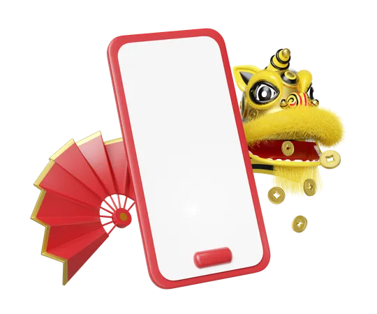 Smartphone avec danse du lion  3D Illustration