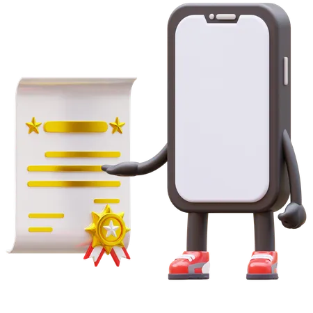 Mobile Phone Character Get Certificate 3D Illustration