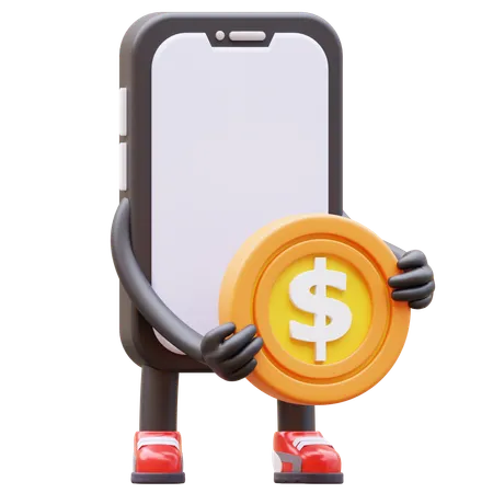 Mobile Phone Character Holding Coin 3D Illustration