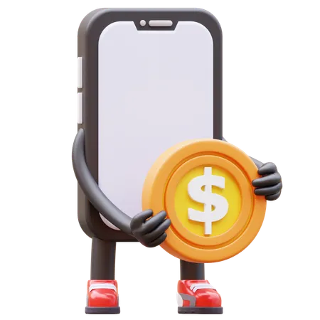 Smartphone Character Holding Coin  3D Illustration