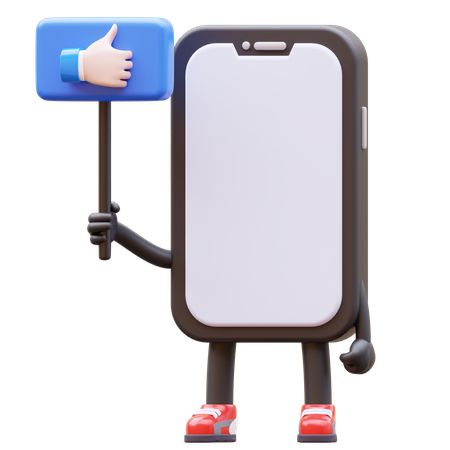 Smartphone Character Holding Like Sign  3D Illustration