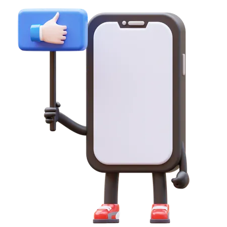 Mobile Phone Character Holding Like Sign 3D Illustration