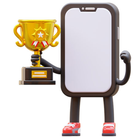 Smartphone Character Holding Trophy  3D Illustration