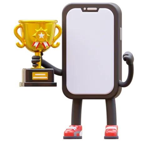 Mobile Phone Character Holding Trophy 3D Illustration