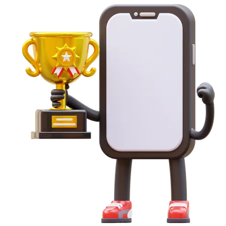 Smartphone Character Holding Trophy  3D Illustration