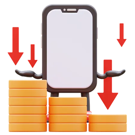 Mobile Phone Character Showing Money Graph Falling Down 3D Illustration