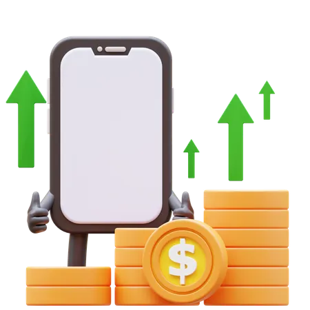 Mobile Phone Character Showing Money Graph Rising Up 3D Illustration