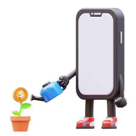 Smartphone Character Watering Money Plant For Investment  3D Illustration