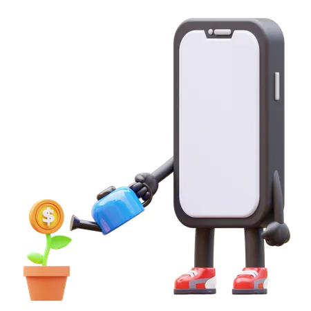 Mobile Phone Character Watering Money Plant For Investment 3D Illustration