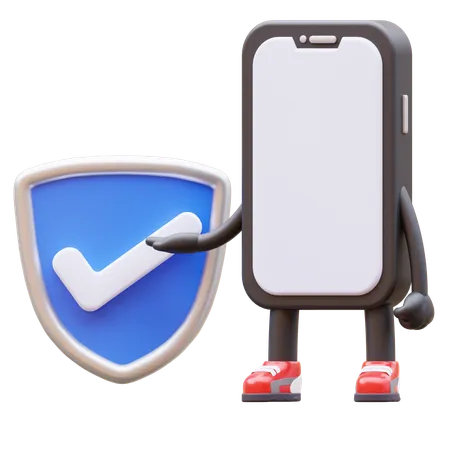 Mobile Phone Character Verified Shield 3D Illustration