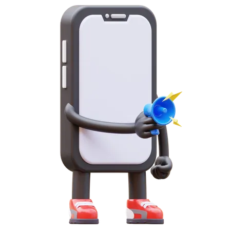 Personagem de smartphone segurando megafone para marketing  3D Illustration