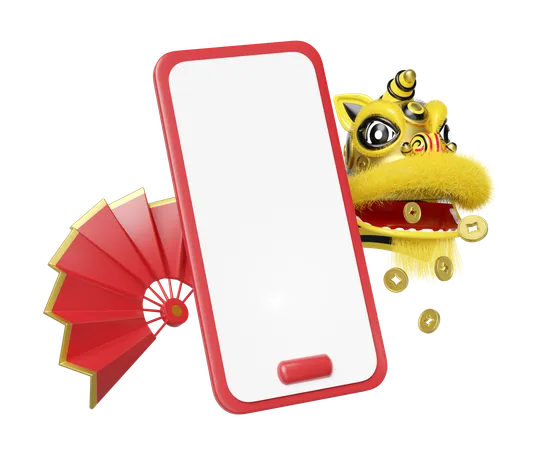 Smartphone With Lion Dance  3D Illustration
