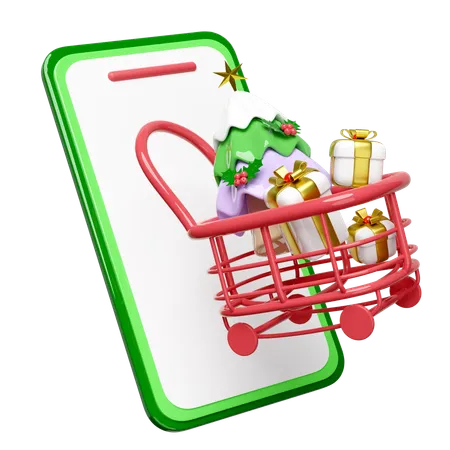 3 D Mobile Phone Smartphone With Shopping Cart Christmas Tree Gift Box Merry Christmas And Happy New Year Online Shopping 3 D Render Illustration 3D Illustration