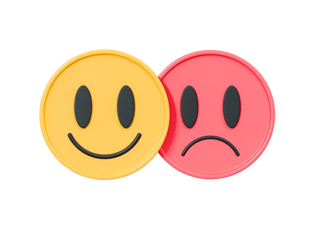 3 D Smile And Sad Emoticon Retro Sticker Style 90 S Positive And Negative Emotions Happy And Unhappy Emoji Cartoon Creative Design Icon Isolated On White Background Yellow And Red 3 D Rendering 3D Icon