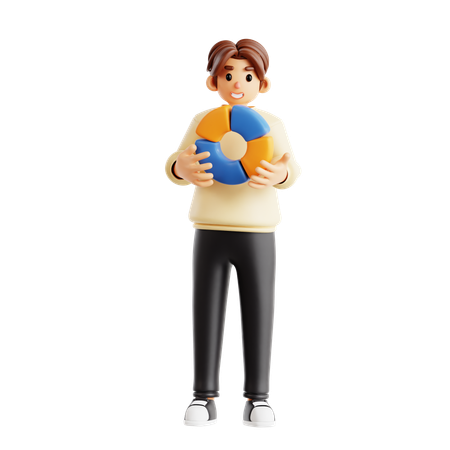 Smiling Man Holding Colorful Pie Chart  3D Icon