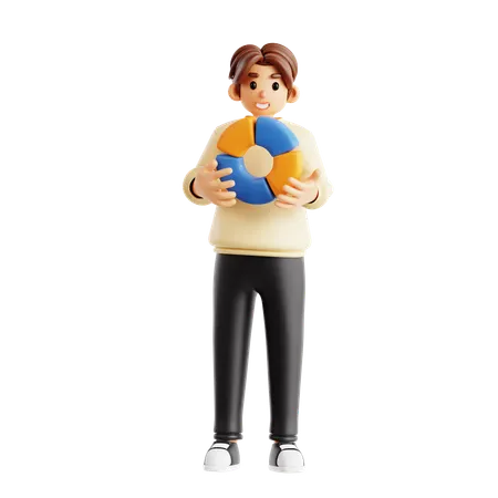 Smiling Man Holding Colorful Pie Chart  3D Illustration