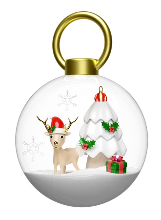 3 D Snow Ball Ornaments Glass Transparent With Reindeer Pine Tree Gift Box Hat Snowflake Isolate Merry Christmas And Happy New Year 3 D Render Illustration 3D Illustration