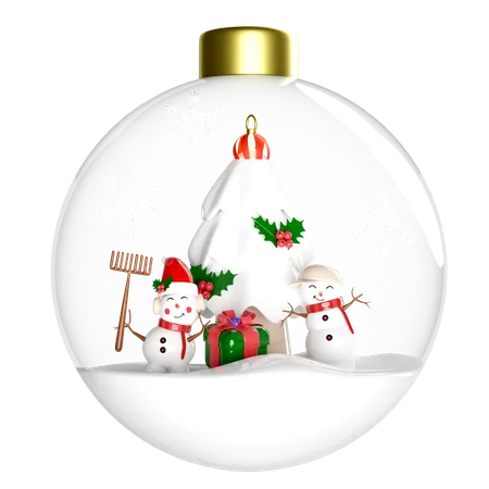 3 D Snow Ball Ornaments Glass Transparent With Snowman And Friend Pine Tree Gift Box Hat Snowflake Isolated Merry Christmas And Happy New Year 3 D Render Illustration 3D Illustration