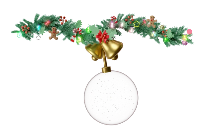 Snow Ball With Branches Of Pine Trees Jingle Bell Candy Cane Red Bow Holly Berry Leaves Clear Glass Lantern Garlands Star Merry Christmas And Happy New Year 3 D Render Illustration 3D Icon