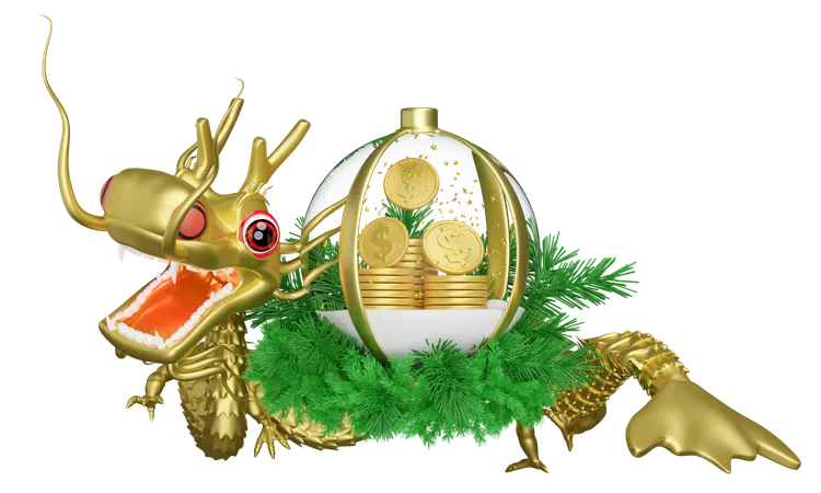 3 D Snow Ball Ornaments Glass Transparent With Gold Dragon Dollar Coins Stacks Pine Leaves Chinese New Year 2024 Capricorn 3 D Render Illustration 3D Illustration