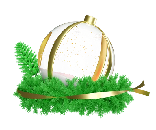 3 D Snow Ball Ornaments Glass Transparent With Wreath Pine Leaves Pine Tree Snowflake Confetti Christmas Tree Merry Christmas And Happy New Year 3 D Render Illustration 3D Illustration