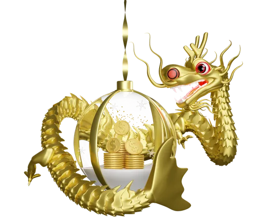 3 D Snow Ball Ornaments Glass Transparent With Gold Dragon Dollar Coins Stacks Chinese New Year 2024 Capricorn 3 D Render Illustration 3D Icon