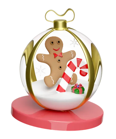 Snow Globe Christmas Decorative Glass Transparent With Gingerbread Man Candy Cane Snowflake Gift Box Podium Merry Christmas And Happy New Year 3 D Render Illustration 3D Illustration