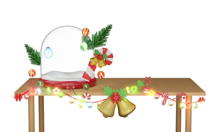 Snow Globe With Jingle Bell Candy Cane Pine Tree Calendar Clear Glass Lantern Garlands On The Table Merry Christmas And Happy New Year 3 D Render Illustration 3D Icon