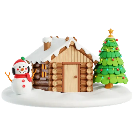 Snow House, Snowman and Christmas Trees  3D Icon