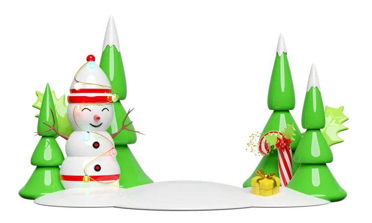 Snowman With Christmas Tree Candy Cane Red Bow Holly Berry Leaves Glass Transparent Lamp Garlands Merry Christmas And Happy New Year 3 D Render Illustration 3D Illustration