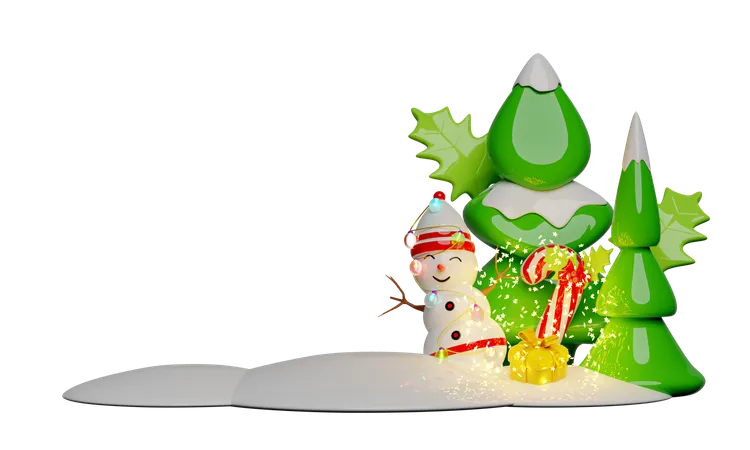 Snowman With Christmas Tree Candy Cane Red Bow Holly Berry Leaves Glass Transparent Lamp Garlands Merry Christmas And Happy New Year 3 D Render Illustration 3D Illustration