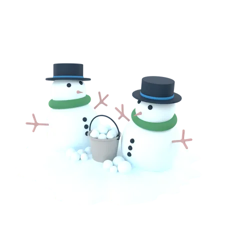 3 D Illustration Of Two Snowman Characters With A Bucket Filled With Snowballs 3D Icon