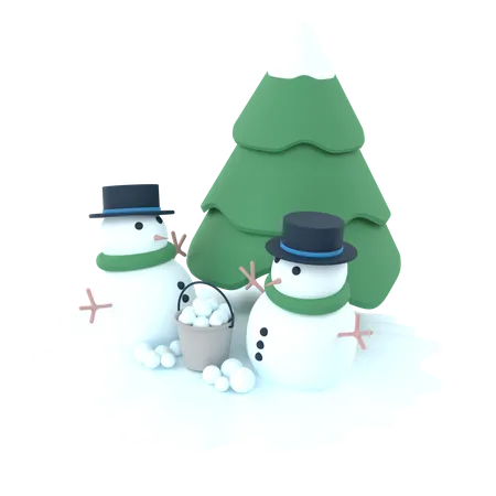 3 D Illustration Of Two Snowman Characters With A Bucket Filled With Snowballs And A Pine Tree 3D Icon
