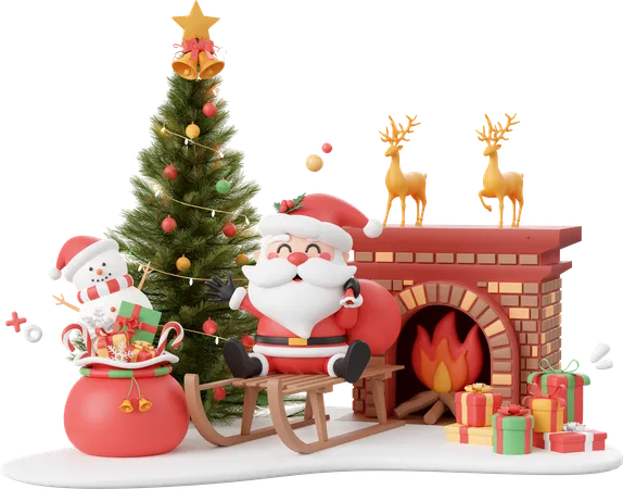 Christmas Scene Of Santa Claus Snowman And Christmas Tree Christmas Theme Elements 3 D Illustration 3D Icon