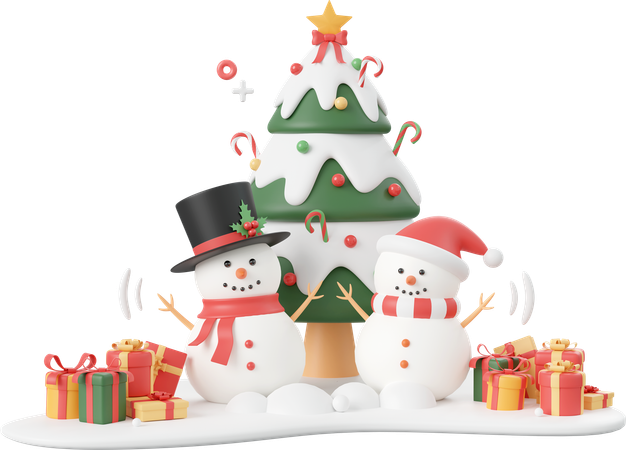 Snowman And Christmas Tree On Snow Ground  3D Icon