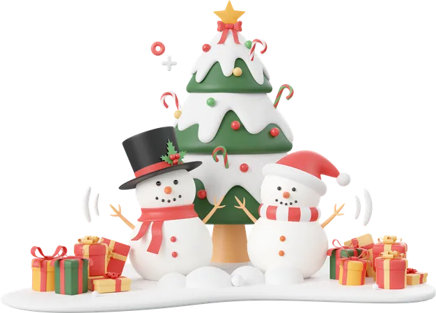 Snowman And Christmas Tree On Snow Ground Christmas Theme Elements 3 D Illustration 3D Icon