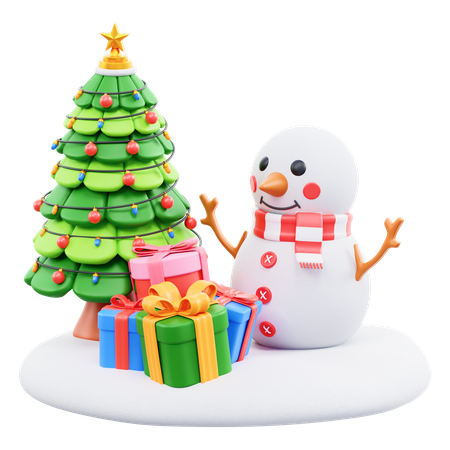 Snowman And Christmas Trees  3D Icon