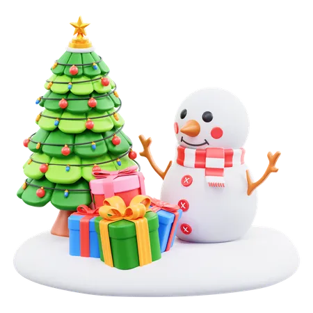 Snowman And Christmas Trees  3D Icon