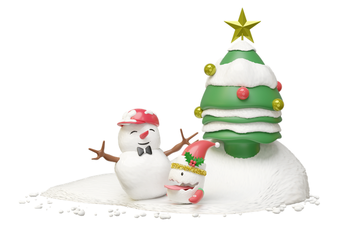 Snowman And Cute Monster Friends  3D Illustration