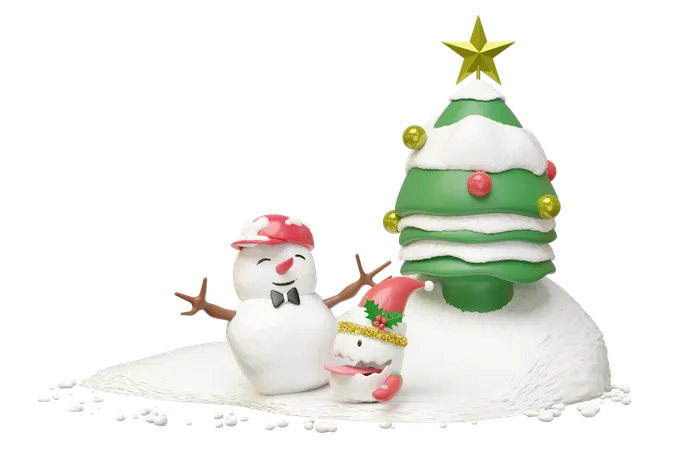 Snowman And Cute Monster Friends  3D Illustration